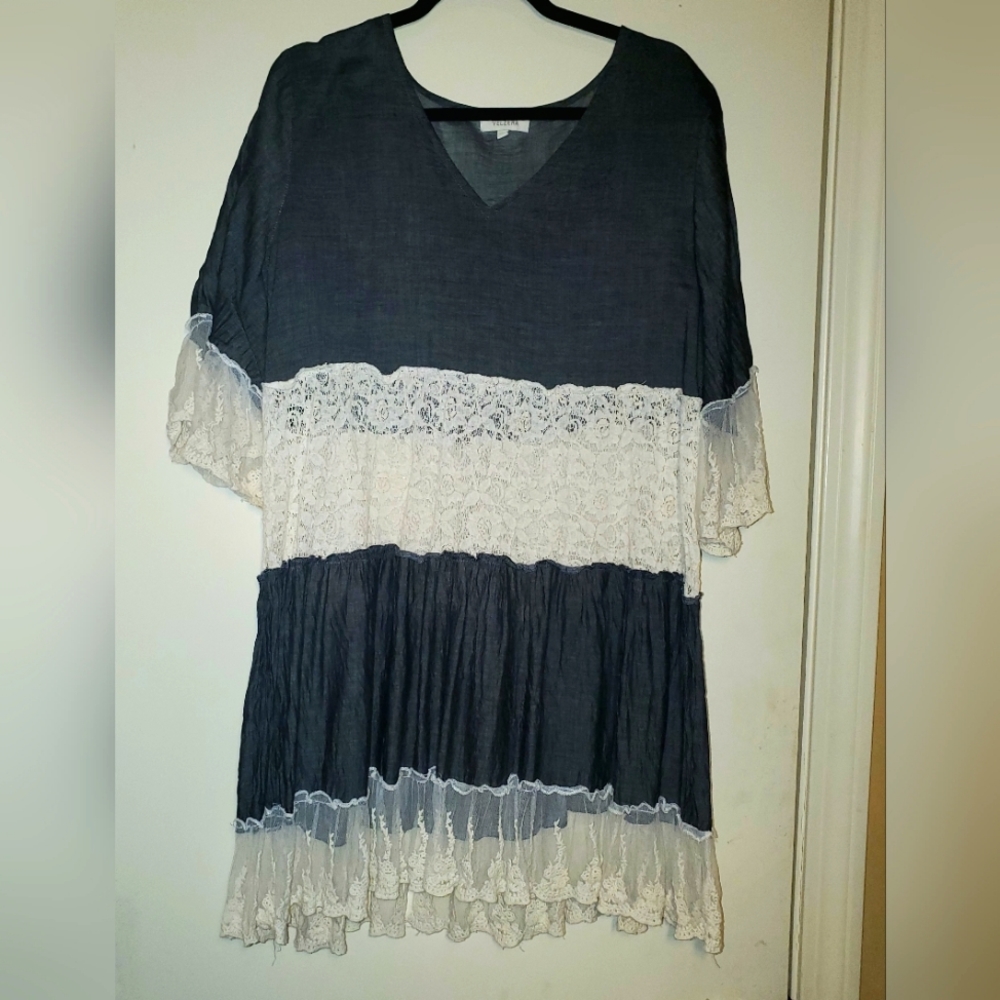 Lace and cotton boho tunic that could be worn as dress. Denim look light fabric.